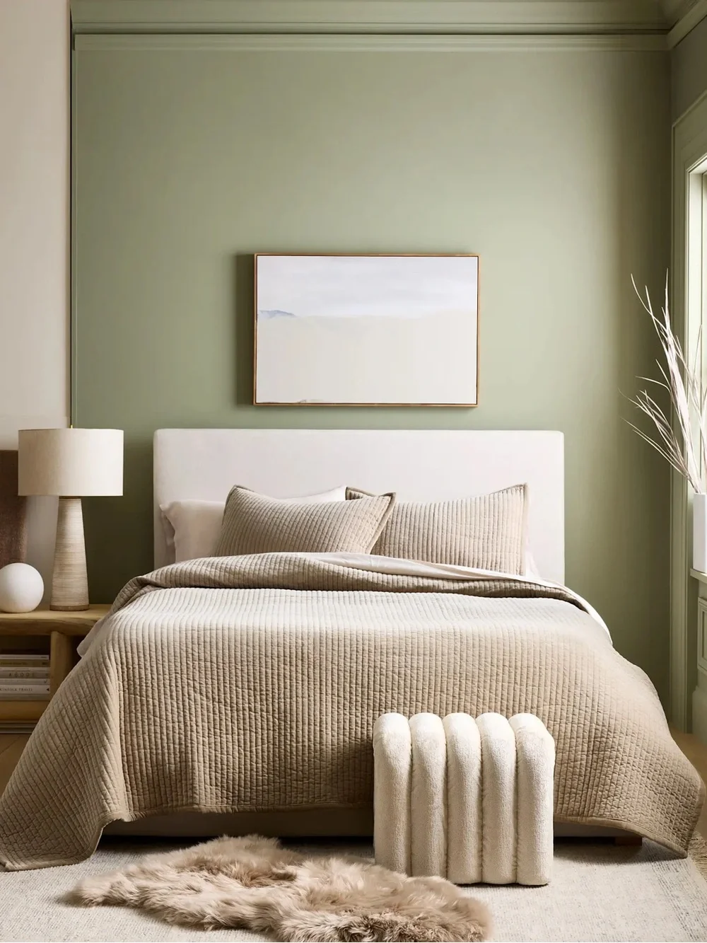 QUINCE Velvet Vertical Channel Quilt KING  -  TAN -  NEW